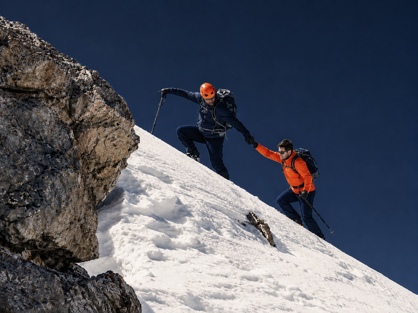 Two mountaineers working together to advance across a demanding alpine route.