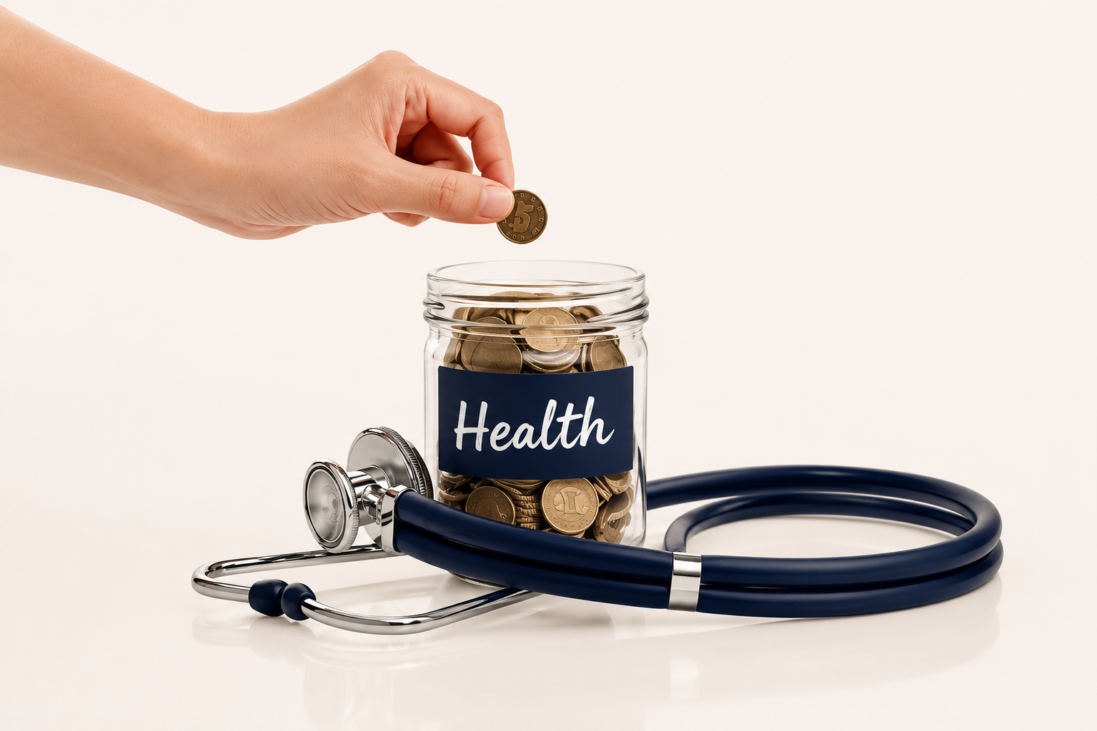A health investment jar and stethoscope representing commercially grounded healthcare activation.