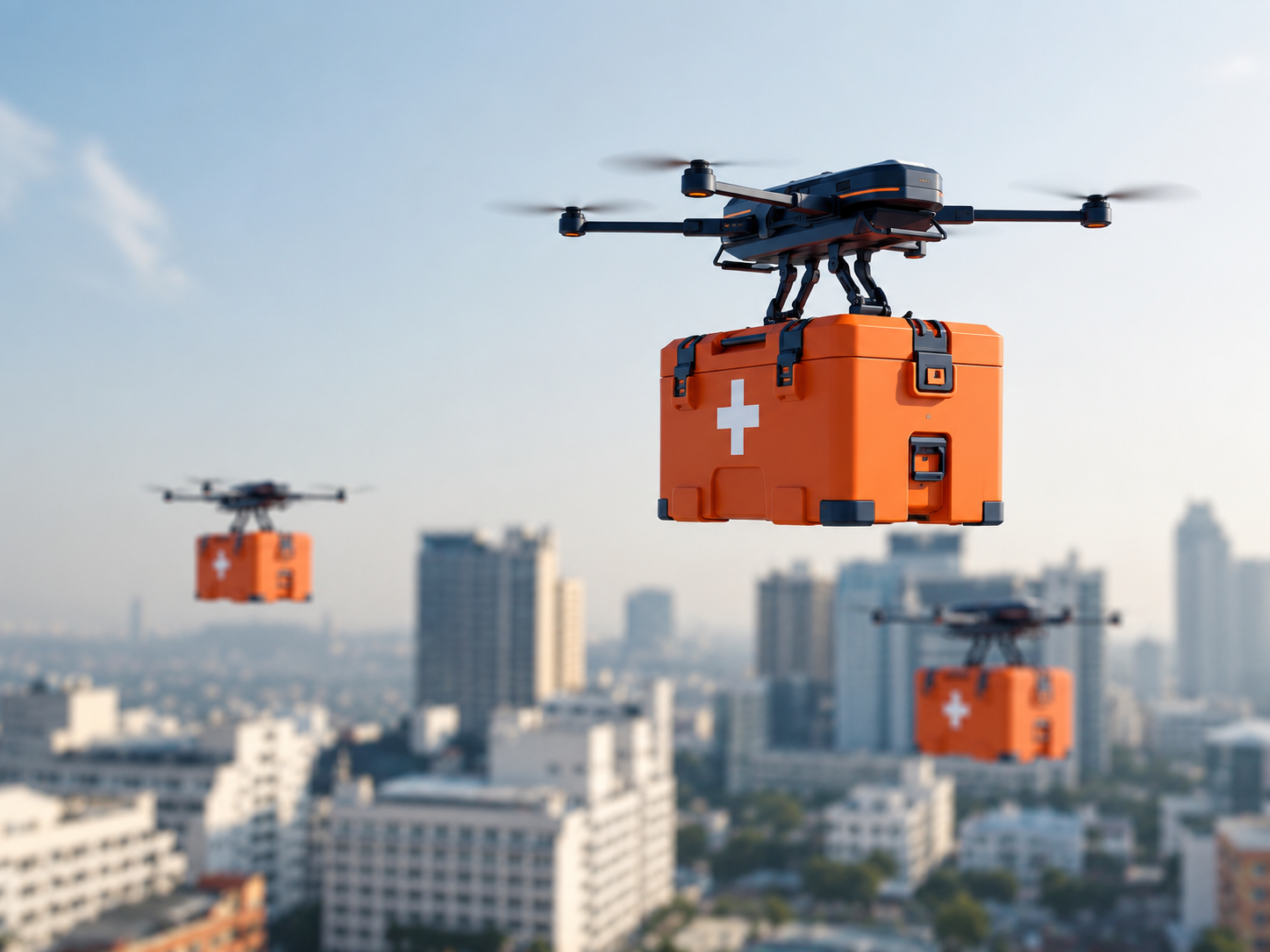 Medical supply drones carrying healthcare delivery cases
