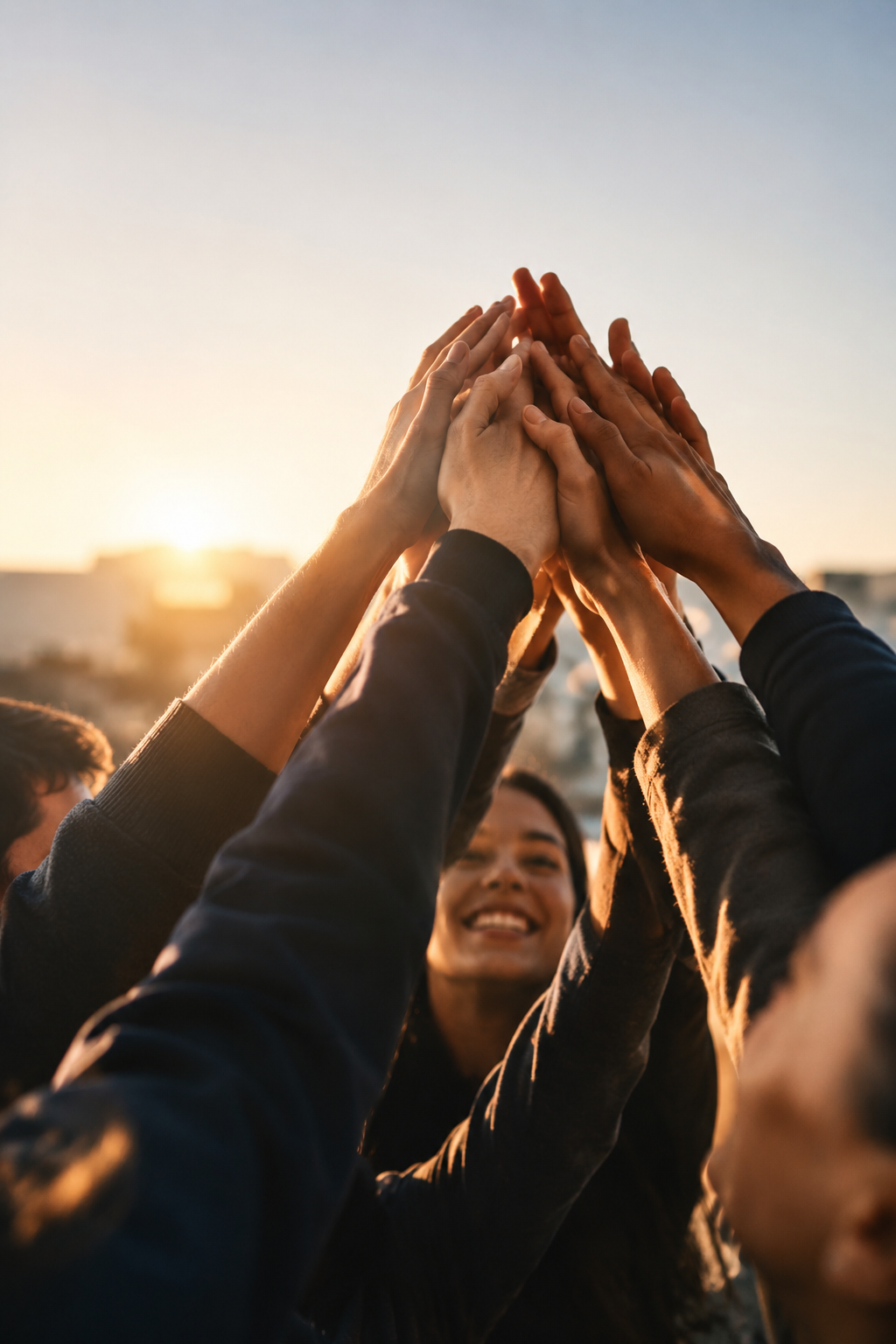 A diverse team bringing their hands together in the warm evening light.