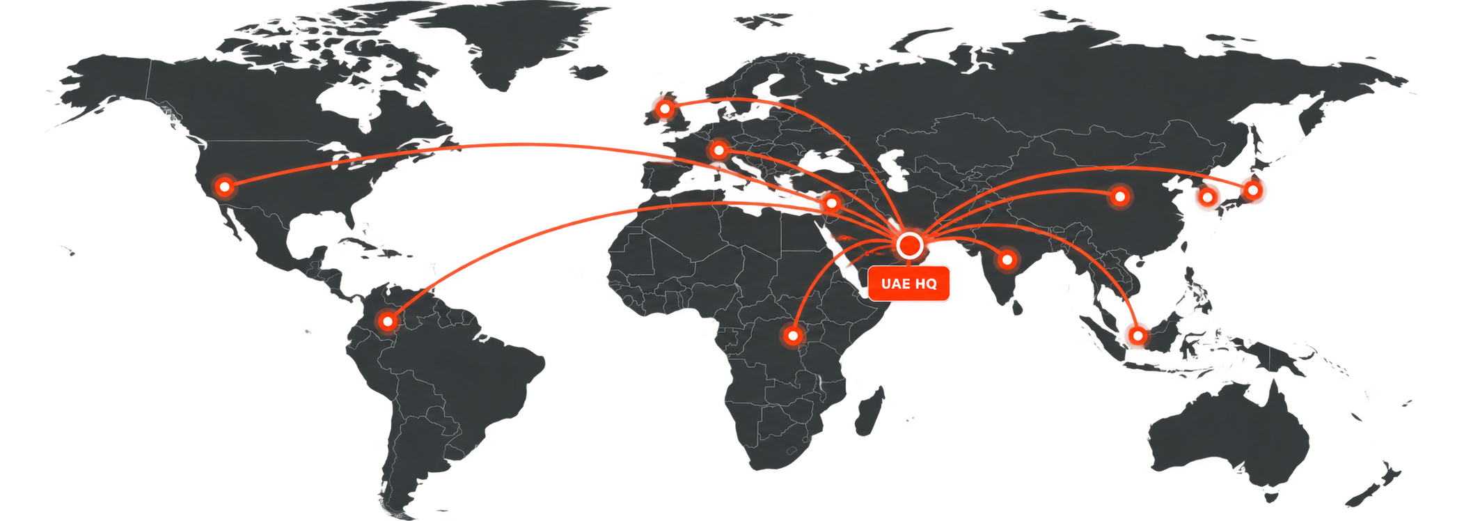 Map of Sentinel's global network, showing the UAE headquarters connected to markets in the United States, Colombia, the United Kingdom, Europe, Africa, India, China, Japan and Singapore